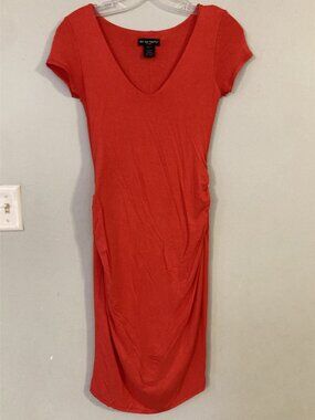 See You Monday Womens Red Ruched Midi Dress V-Neck Short Sleeve Stretchy Size S